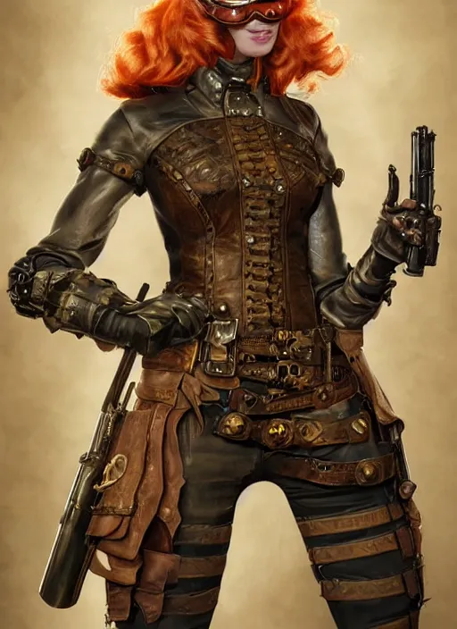 Prompt: 8K, realistic ginger Lady Mechanika as a Marvel comic book character holding a shotgun and wearing victorian goggles in a ultradetailed Steampunk scenary, 8k render, zbrush, D&D style, smooth, sharp focus, illustration. Art by Artgerm and Pete Tapang and Kago Shintaro. Trending on artstation, featured in Deviantart, detailed, intricate, cinematic lighting,