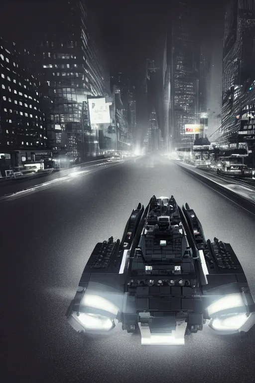 Image similar to the lego batmobile driving through gotham city at night. fluorescent light. pov from behind the wheel. octane render. 8 k. monochrome. black and white. mist. atmospheric. cinematic. hdr, raytracing, global illumination. a matte painting by ash thorp.