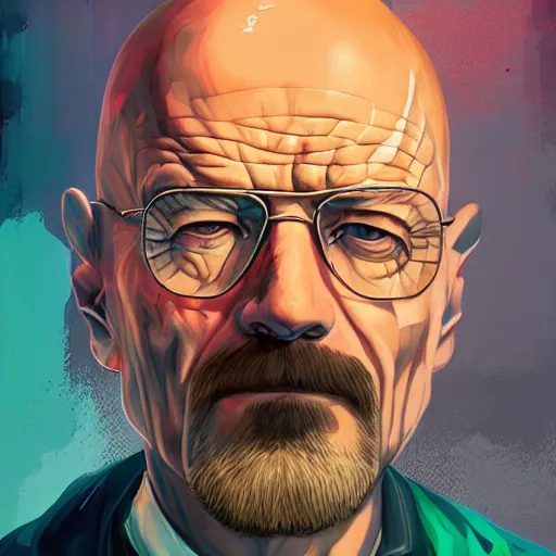 Prompt: high quality illustration, walter white realistic portrait, cyberpunk colors, riot game, alexandre bourlet, vaporwave, retro, neotrad, lois van baarle, moebius, league of legend, digital painting, james jean