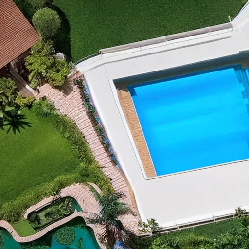 Prompt: A huge blue whale in a swimming pool of a villa