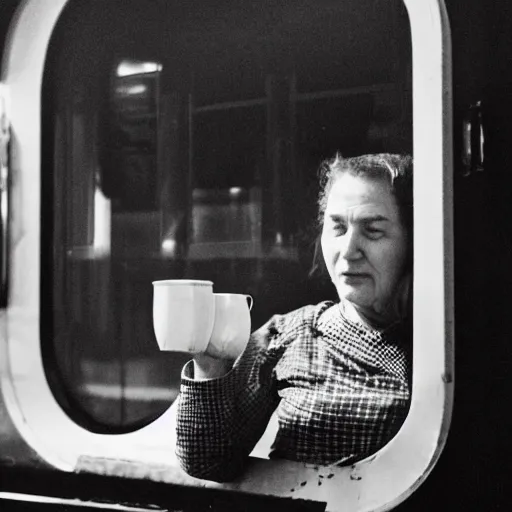 Prompt: a woman on a passenger train drinking tea and eating candy, old black and white photo, hyper detailed