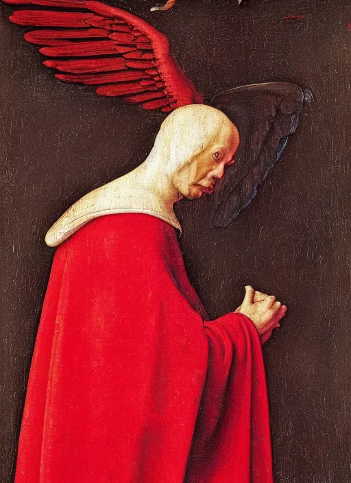 Image similar to profile of a fallen angel dressed in red with wings by Jan van Eyck, Hieronymus Bosch, Johannes Vermeer 4k post-processing, highly detailed medieval painting