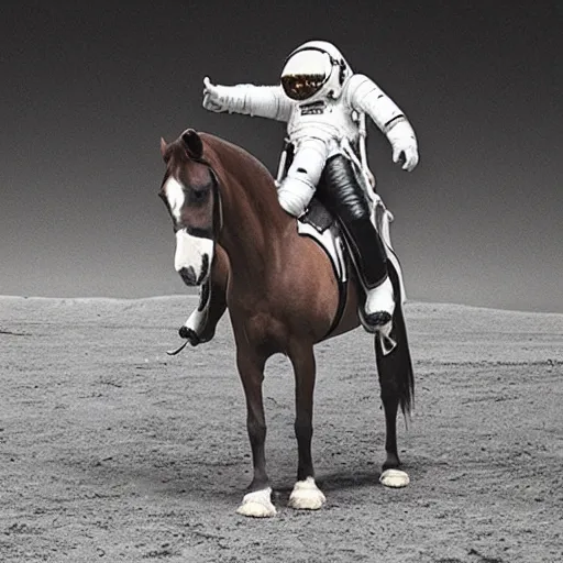 Image similar to A photograph of a horse riding an astronaut