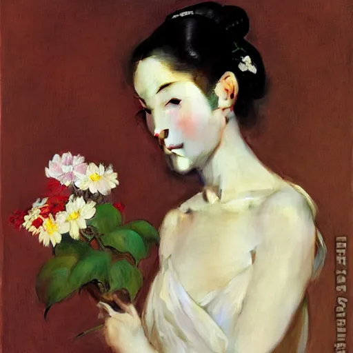 Image similar to yanjun cheng portrait of a beautiful geisha android holding flowers by norman rockwell, bouguereau