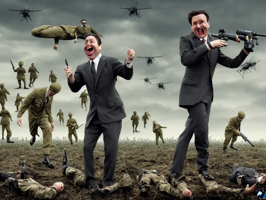 Image similar to one Comedian in suit and tie performing in a battle-field with dead bodies on the ground, comedian is funny, performing to dead soldiers, nuclear bomb in far horizon, apocalypse, trending on artstation, artstationHD, hyperdetailed matte painting, highly detailed, digital painting, hyper-realistic, realistic, photo-realistic