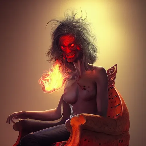 Image similar to realistic extremely detailed photo style portrait painting of a demon with smoke for hair and red burning eyes, siting in a chair, hybrid moebius, brom, artstation moody colors, octane render, 4k