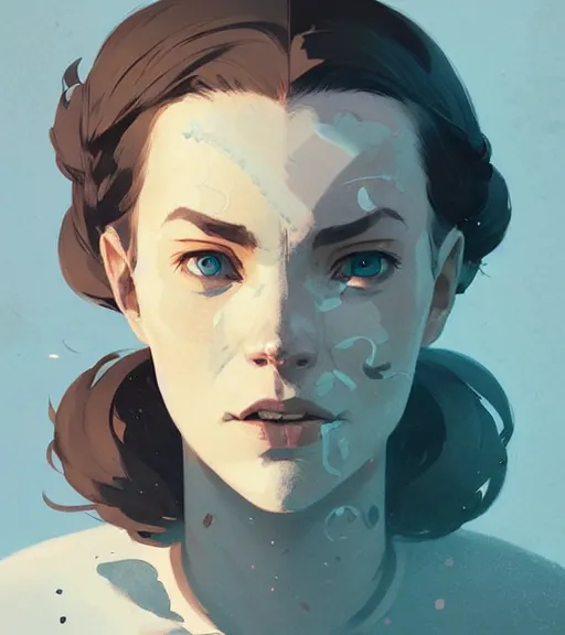 Image similar to portrait of a woman raised on the island face tatooes by atey ghailan, by greg rutkowski, by greg tocchini, by james gilleard, by joe fenton, by kaethe butcher, by craig mullins, dynamic lighting, gradient light blue, brown, blonde cream and white color scheme, grunge aesthetic