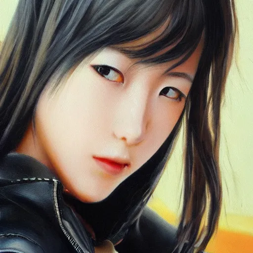 Image similar to perfect, realistic oil painting of close-up japanese young woman wearing leather jacket, in Final Fantasy