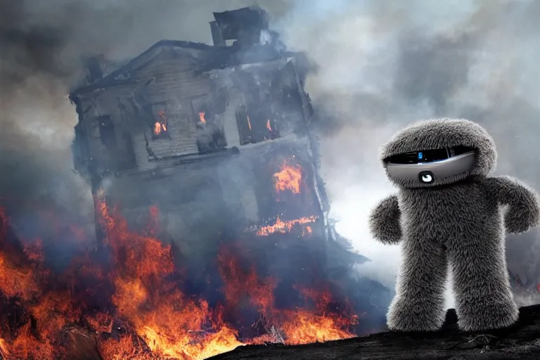 Prompt: <picture quality=4k-ultra-hd mode='attention grabbing'>Adorable fluffy robot looks into the camera sinisterly as a house burns behind it - inspired by Disaster Girl</picture>