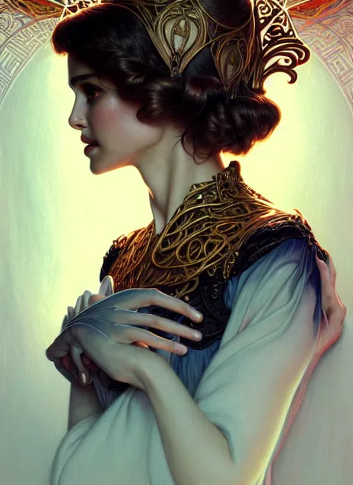 Prompt: portrait of natalie portman, volumetric lights, feast, music notes, art nouveau botanicals, gothic, intricate, highly detailed, digital painting, artstation, concept art, smooth, sharp focus, symmetric face, illustration, steampunk, art by artgerm and greg rutkowski and alphonse mucha