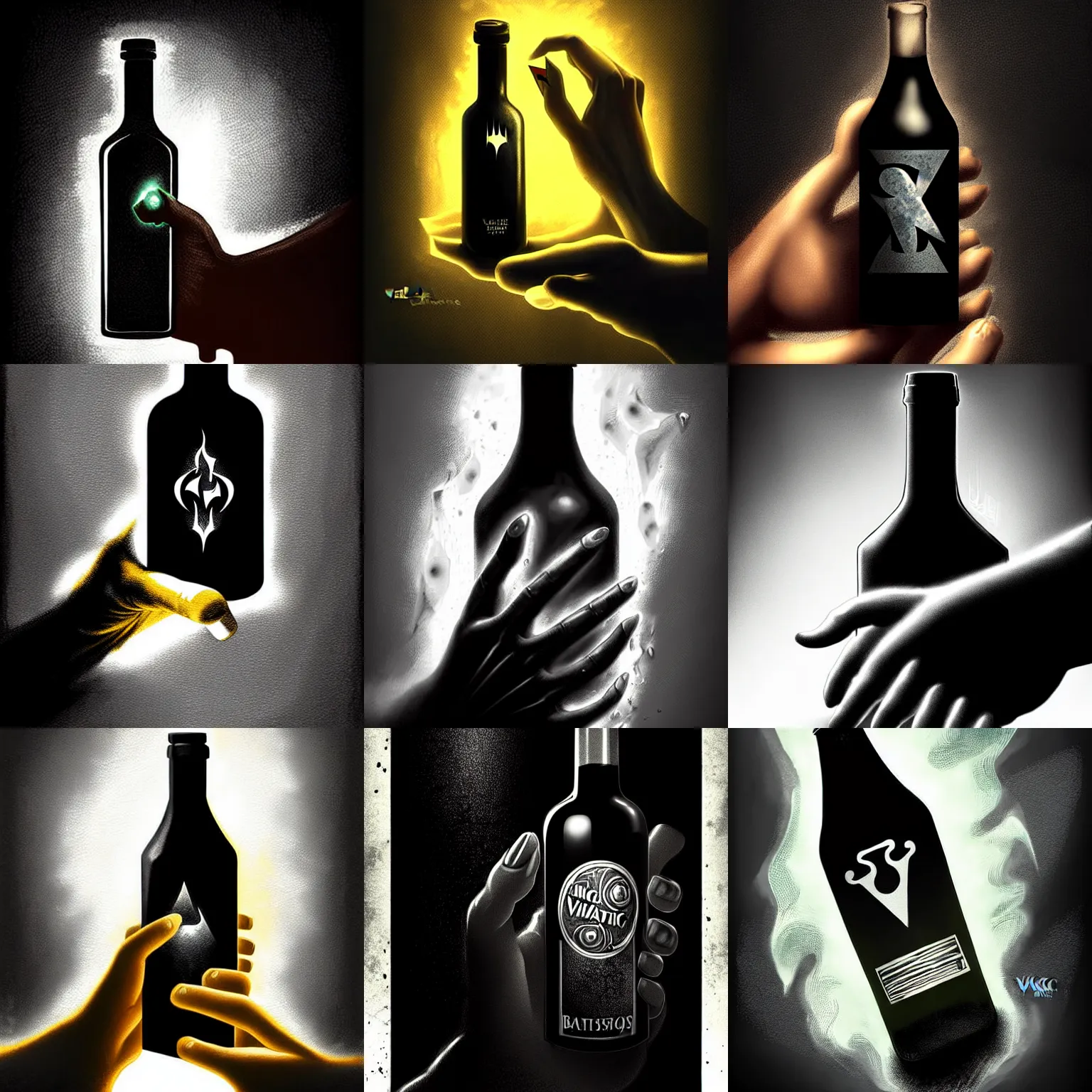 Prompt: epic detailed digital art of a hand holding a single small corked bottle of mysterious viscous black liquid, light shining through the bottle; magic the gathering art by Volkan Baga, artstation