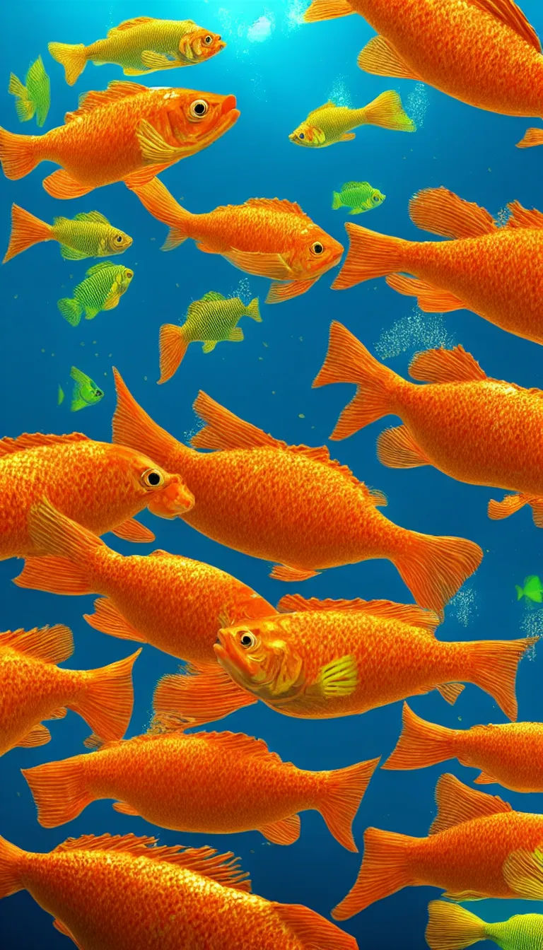 Prompt: highly detailed photo of beautiful five colorful gold fish under water, five fish, hyper realistic, concept art, 8 k detail post - processing