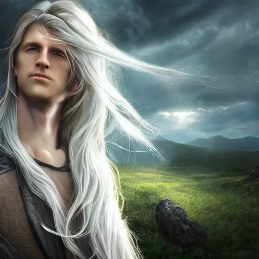 Image similar to a portrait of a young handsome elven prince, white fringy hair, smooth, epic clouds, beautiful landscape, backlit, incredible lighting, strong rim light, subsurface scattering, highly detailed, god rays, digital painting, HDRI, by Heise Jinyao, Heise-Lian Yan Fang, Feimo, Richard Taddei, vivid colors, high contrast, 8k resolution, intricate, photorealistic