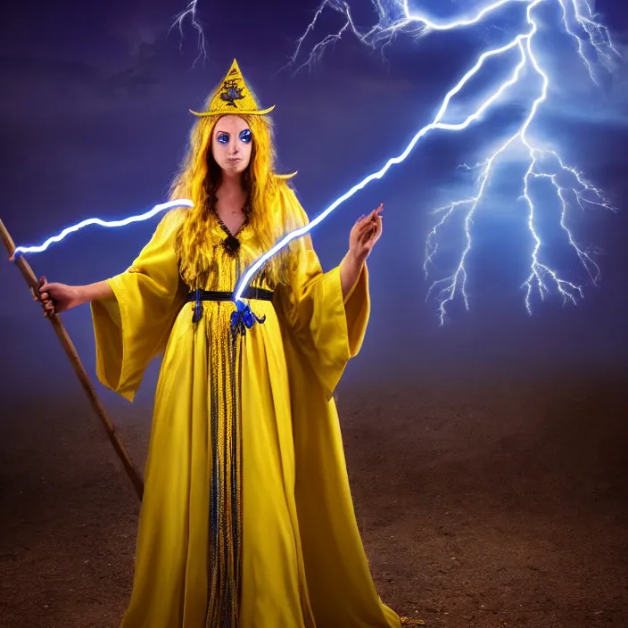 Image similar to photograph of a real - life beautiful elemental lightning witch with ornate yellow and blue robes and staff. extremely detailed. 8 k