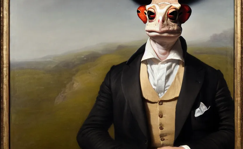 Prompt: a head - and - shoulders portrait of an amazon milk frog looking off camera wearing a black suit jacket, tan vest, and white ascot, an american romanticism painting, a portrait painting, cgsociety, soft focus, oil on canvas