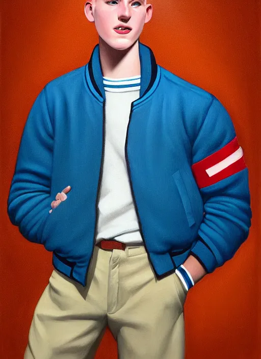 Image similar to portrait of a high school senior boy named moose mason, blonde short hair, jock, beefy, square jaw, square facial structure, 1 9 5 0 s, blue varsity jacket, intricate, elegant, glowing lights, highly detailed, digital painting, artstation, concept art, smooth, sharp focus, illustration, art by wlop, mars ravelo and greg rutkowski