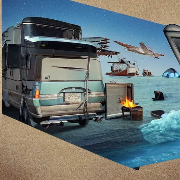 Image similar to Camping with RV by the beach, science fiction matte painting, highly detailed,