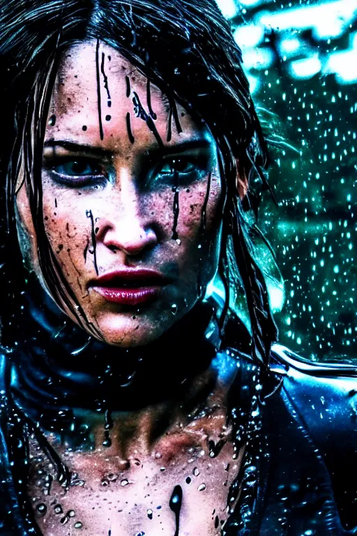 Prompt: cinestill 5 0 d candid action photographic portrait by quentin tarantino of lara croft wearing rugged black mesh techwear in treacherous waters, extreme closeup, modern cyberpunk retrofuturism moody emotional cinematic, pouring iridescent rain, 8 k, hd, high resolution, 3 5 mm, f / 3 2, motion blur, ultra realistic faces, ex machina 8 k