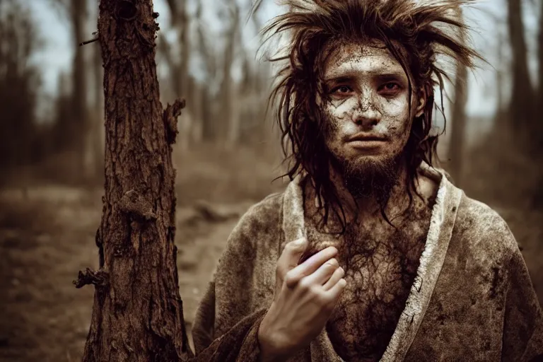 Image similar to character and environment photography, portrait shamanistic infested 2 0 - year - old male druid, messy hair, old tattered robe, medium shot, wide angle, 2 0 0 px, full front, natural light