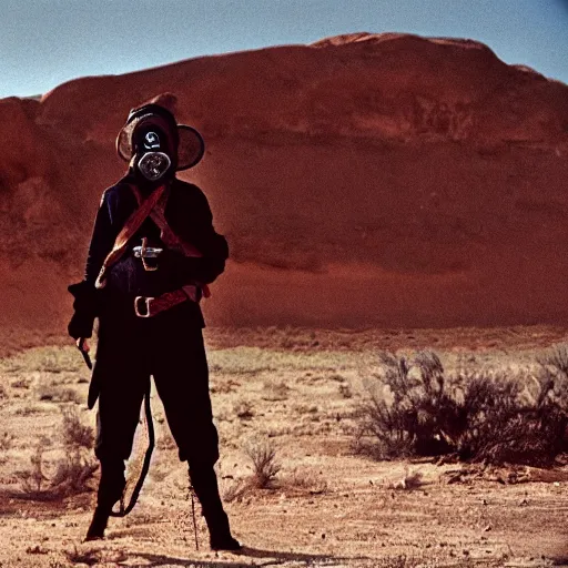 Image similar to a pirate wearing a gasmask, in the desert, film still, panavision panaflex