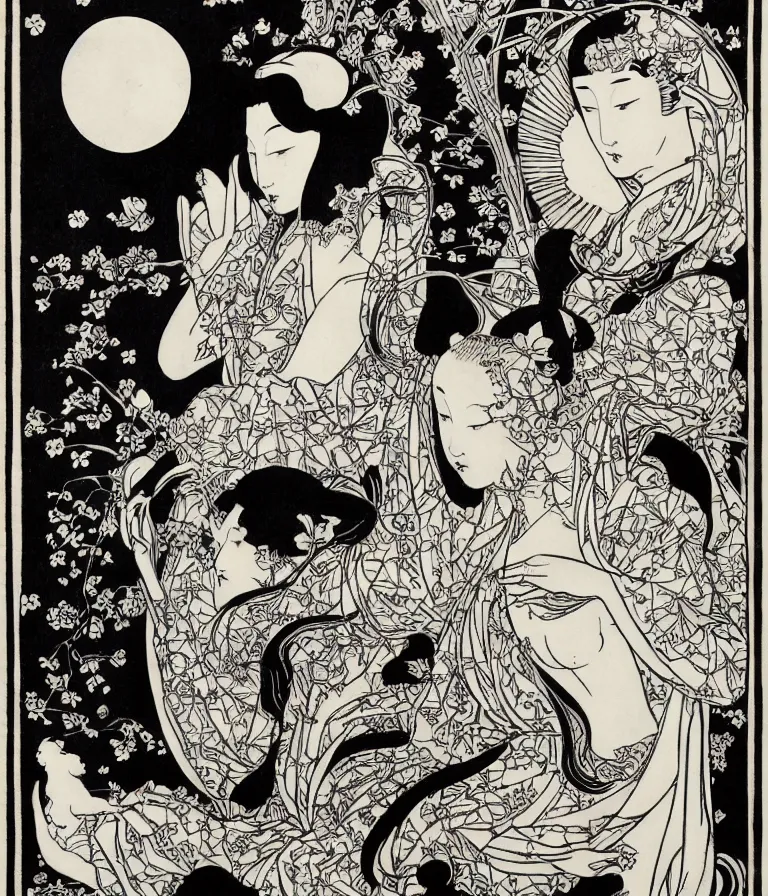 Prompt: Beautiful Art Nouveau print of a Beautiful Powerful Kitsune Goddess Holding the head of a Victim in her hands in her Garden, in the blackness of outer space in the style of Utamaro and Aubrey Beardsley high contrast!! finely carved woodcut engraving black and white crisp edges