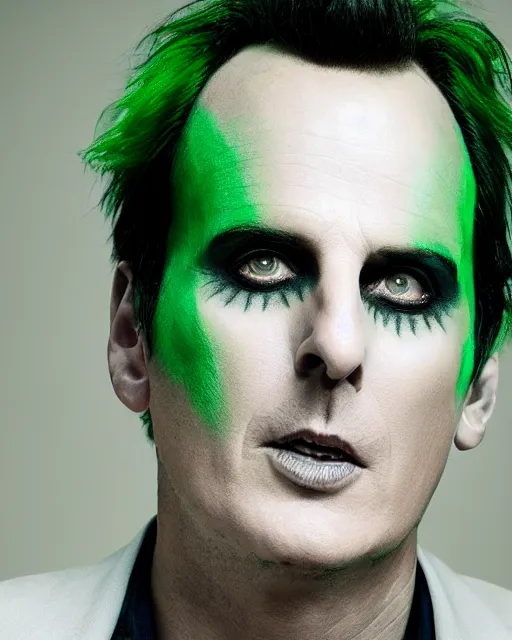 Prompt: Will Arnett as Beetlejuice, white makeup, green hair, cinematic lighting, 4k photograph