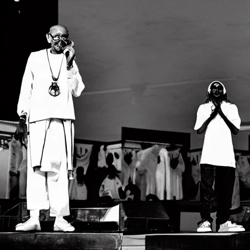 Prompt: gandhi and snoop dogg performing live together while smoking