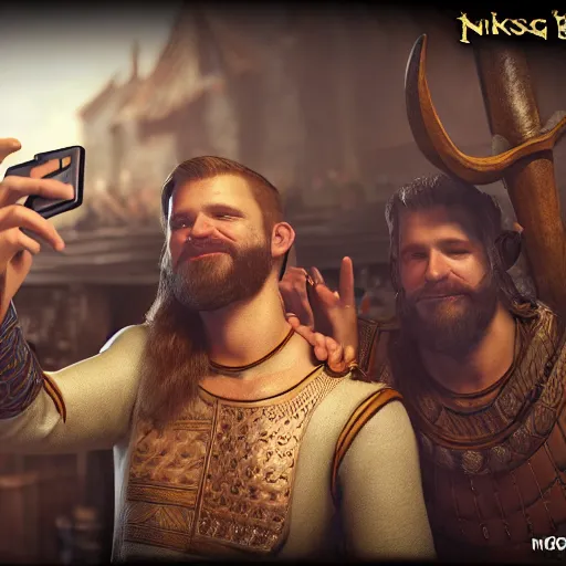 Prompt: Two viking brothers taking a selfie in a crowded tavern, dof, Unreal Engine 5, intricately detailed, 8k