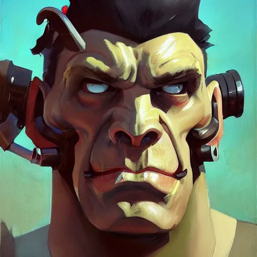 Image similar to greg manchess close - up portrait painting of a handsome older male dieselpunk orc with olive green skin as an overwatch character, medium shot, asymmetrical, profile picture, organic painting, sunny day, matte painting, bold shapes, hard edges, street art, trending on artstation, by huang guangjian and gil elvgren and sachin teng