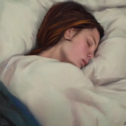 Prompt: sleeping girl, oil painting, high qulity realistic, hd, 8 k, art by evan wilson