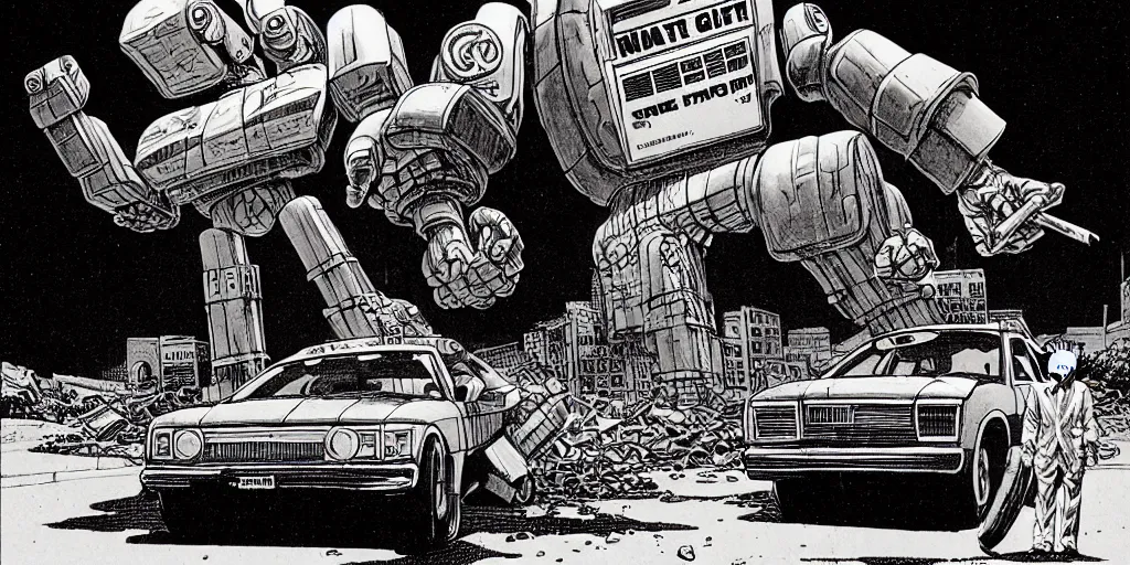 Image similar to Giant robot walking down a street while smoking giant blunt, a crushed car is under the foot of the giant robot by Richard Corben