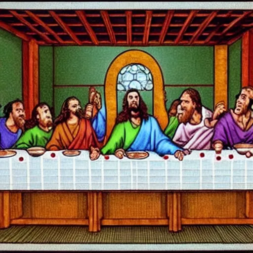 Image similar to nic cage in the last supper as painted by akira toriyama