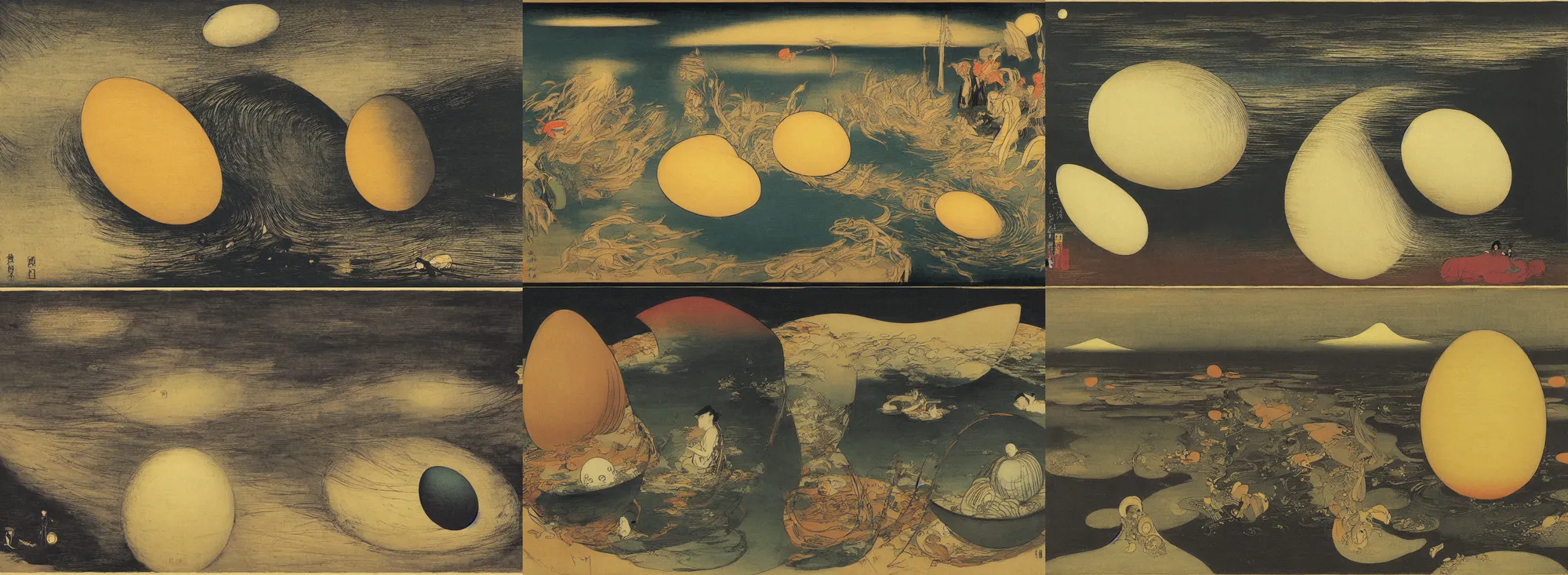 Prompt: Painting of a giant egg in the style of Futurism and Alfredo Ambrosi, Tonalism by Albert Pinkham Ryder, George Inness, James McNeill Whistler and Ukiyo-e by Utagawa Kuniyoshi, Ando Hiroshige, Kunisada.