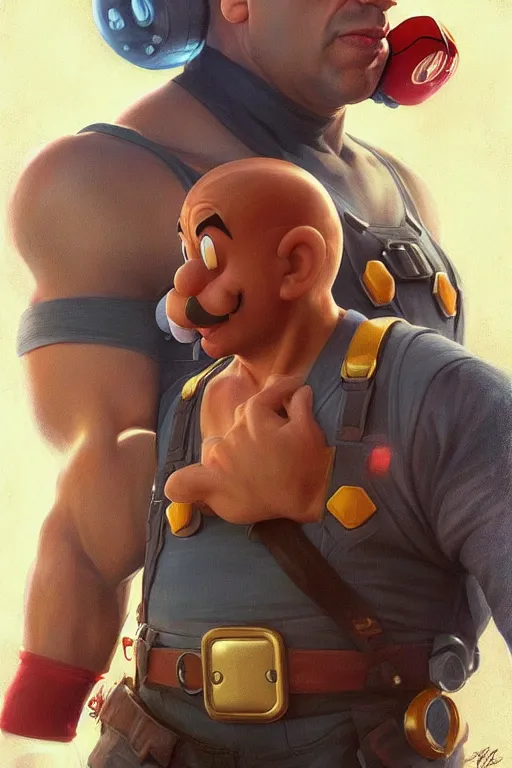 Image similar to vin diesel as mario from super mario bros, realistic portrait, symmetrical, highly detailed, digital painting, artstation, concept art, smooth, sharp focus, illustration, cinematic lighting, art by artgerm and greg rutkowski and alphonse mucha