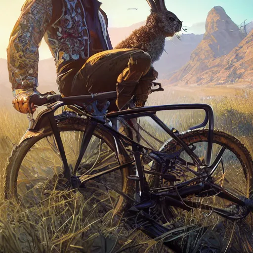 Image similar to highly detailed portrait of a biker rabbit in gta v, stephen bliss, unreal engine, fantasy art by greg rutkowski, loish, rhads, ferdinand knab, makoto shinkai and lois van baarle, ilya kuvshinov, rossdraws, tom bagshaw, global illumination, radiant light, detailed and intricate environment