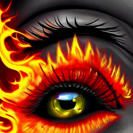 Image similar to eyelashes on fire, digital art, hyper detailed