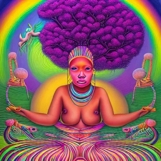 Prompt: a regal bbw african queen with colorful dreadlocks sitting in a cabana near a pink river with a large glowing baobab tree in the center, by amanda sage and alex grey and evgeni gordiets in a surreal psychedelic style, symmetrical, detailed eyes, oil on canvas 8k, hd