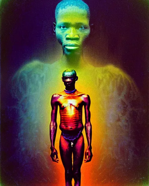 Image similar to a colorful chromatic abberation, 9 0 s toy commercial, double exposure photo from the 7 0 s, polaroid photo of a african tribal warrior, by zdzislaw beksinski, by ernst haeckel