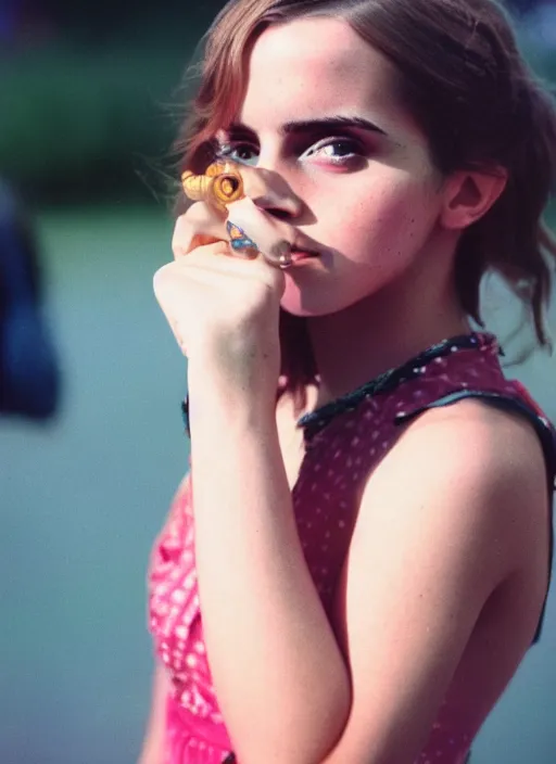 Prompt: Retro color photography portrait of Emma Watson at Cochella 2019 Cinestill 800T, 1/2 pro mist filter, and 65mm 1.5x anamorphic lens