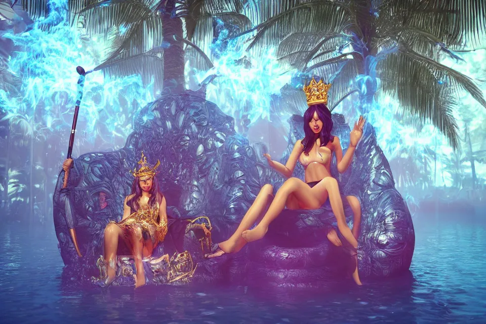 Prompt: a 3 d rendering close - up of a mystical witch beautiful lady sitting on a throne of crocs with a crown of gold golf clubs next to a clear water pool surrounded by palm trees and giant insects, stylized fashion designer elite edgy glossy eyecandy pastel colors, volumetric lighting caustics smoke fog machine, blender c 4 d octane redshift unreal cryengine