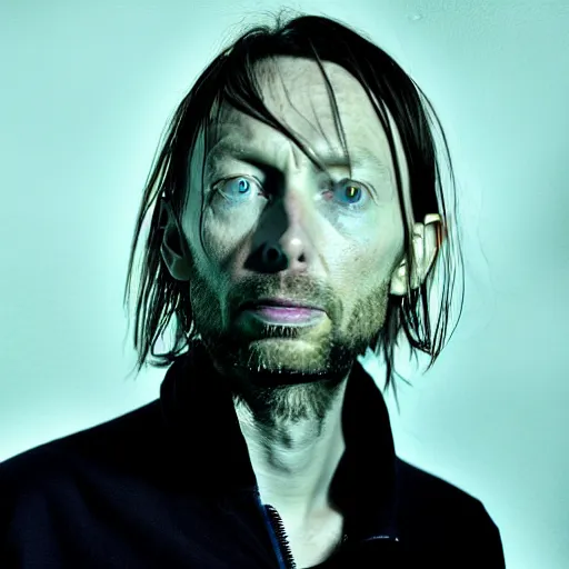 Prompt: Portrait of Radiohead's frontman Thom Yorke looking intensely towards the camera