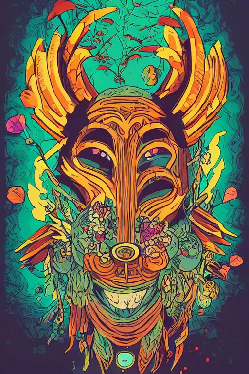 Image similar to animal mask totem roots flower tribal feather gemstone plant wood rock shaman vodoo video game vector cutout illustration vivid multicolor borderlands comics by josan gonzales and dan mumford radiating a glowing aura