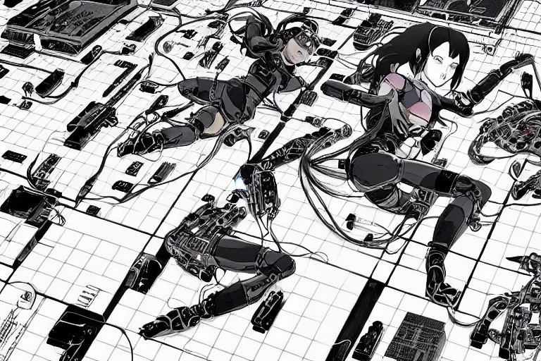 Prompt: a cyberpunk illustration of a group of female androids in style of masamune shirow, lying scattered across an empty, white floor with their bodies rotated in different poses and cables and wires coming out, by yukito kishiro and katsuhiro otomo, hyper-detailed, intricate