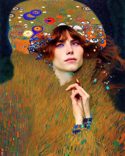 Image similar to cool cat portrait an oil painting splashes with many colors and shapes by gustav klimt greg rutkowski and alphonse mucha, polycount, generative art, psychedelic, fractalism, glitch art