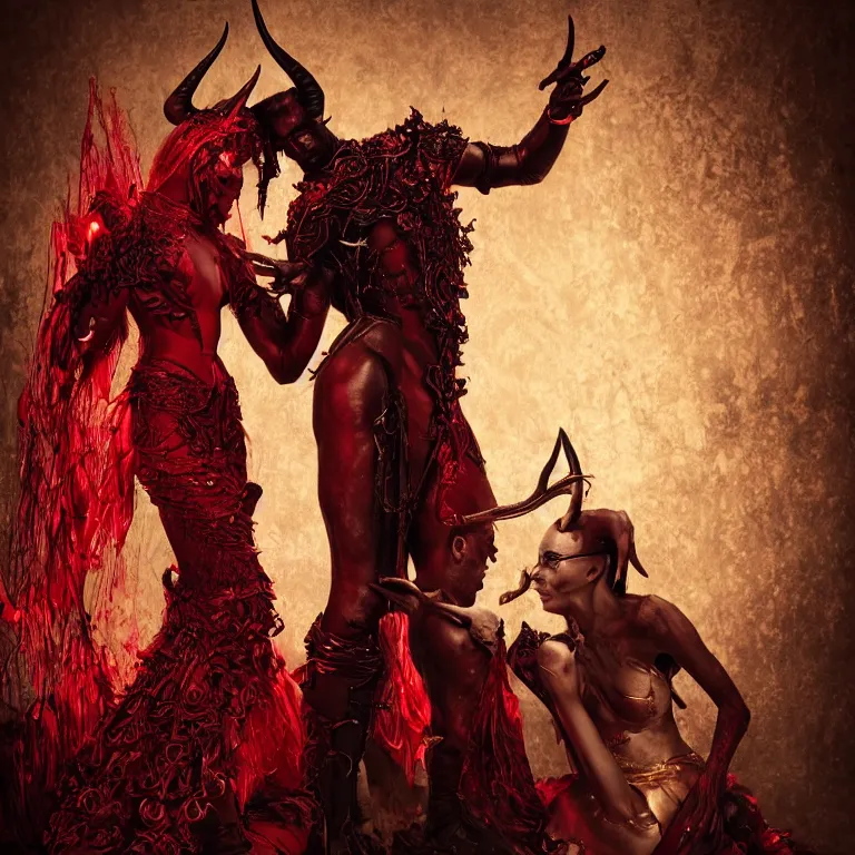 Image similar to black man and a woman-devil in red dress with horns are dancing together, in Dark souls and elden ring style, insanely detailed and intricate, golden ratio, hypermaximalist, elegant, ornate, luxury, elite, ominous, haunting, matte painting, cinematic, cgsociety, James jean, Brian froud, ross tran, Laputa