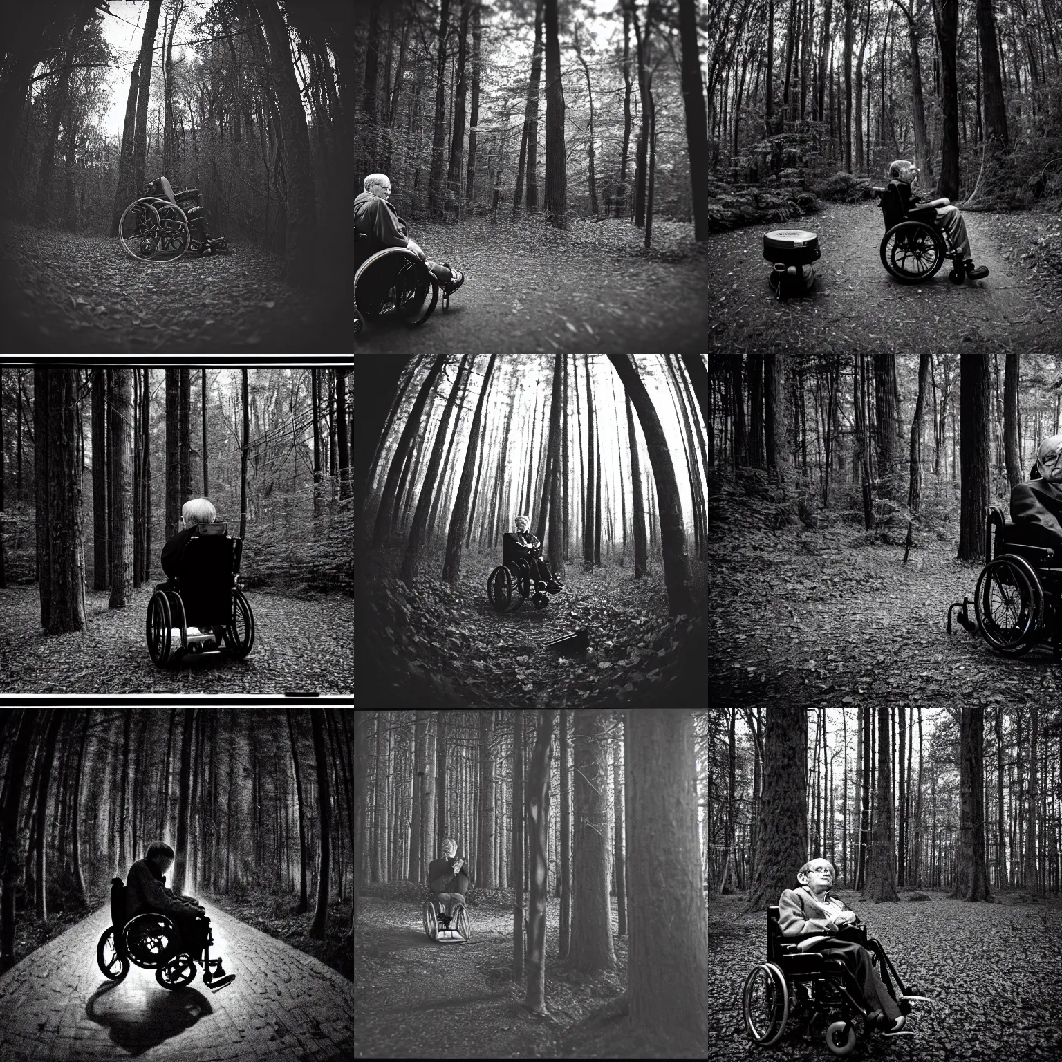 Prompt: photo of stephen hawking in a forest at night on his wheelchair, telephoto long distance shot, black and white, low light, vignette, fujifilm, creepy, dark, atmospheric, 3 5 mm, surveillance footage, pandect, fisheye