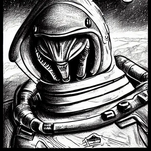 Image similar to Hand drawn illustration of a space alien, by James Gurney in the style of a pencil sketch.