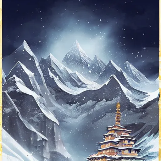 Image similar to snowy peaks, himalayas, buddhist temple, stunning, extraordinary, blizzard, mystical, made in abyss style, detailed, dynamic scene