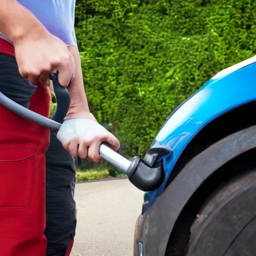 Prompt: man siphoning fuel from a cars gas tank