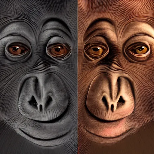 Image similar to two macaques looking at each other inside alien base, digital art, soft shadows, creepy art